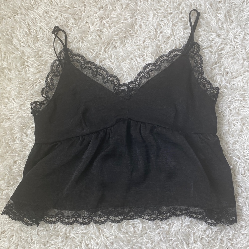 American Eagle Black Satin Plunge Tank Top with Lace Trim Size Medium